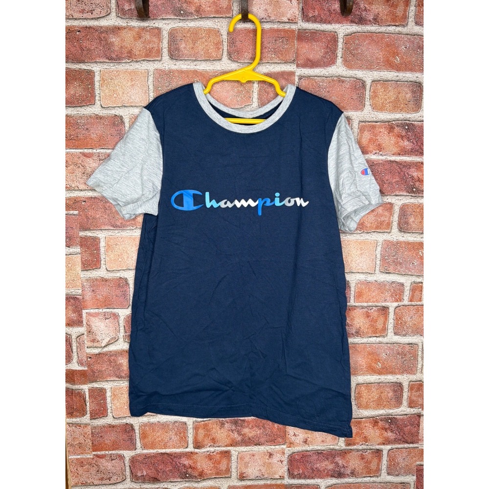 Champion Boys Navy Blue Heather Gray Colorblock Logo T-Shirt Size 10/12 Medium